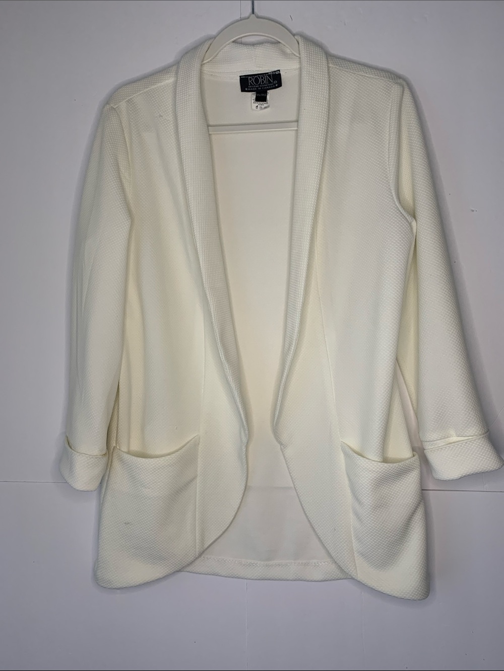 ROBIN Open-Front White Textured Blazer Pockets Front Made in Canada Size M/L